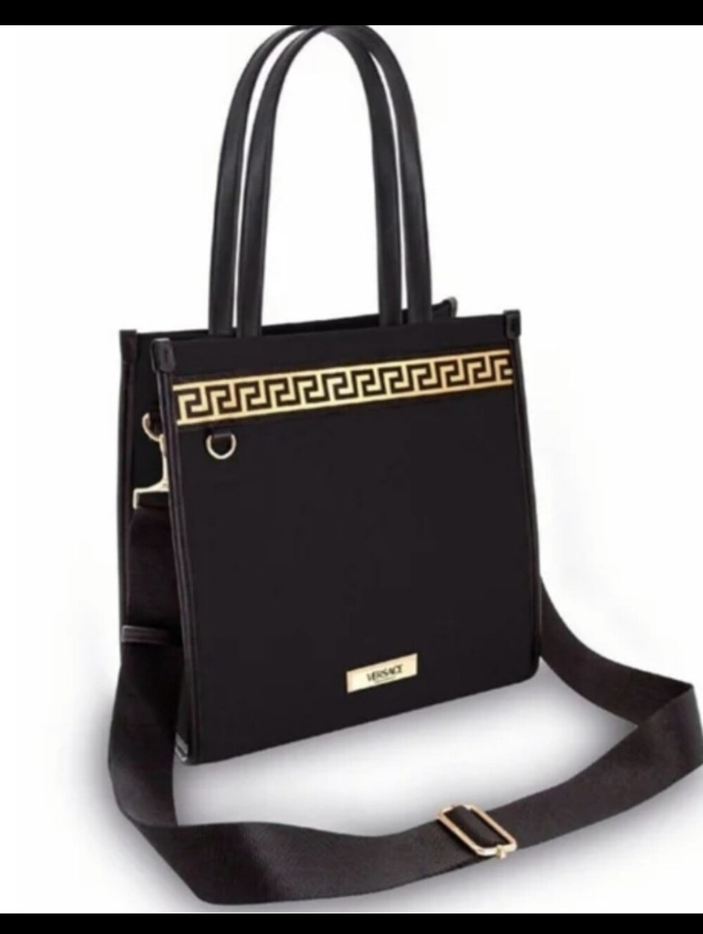 Versace Canvas Tote Bag Black Travel Purse Handbag Shoulder Crossbody